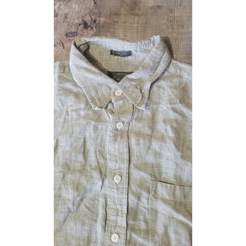 Orvis Signiture Collection Mens XL 100 Linen Green White Check Button Down Shirt